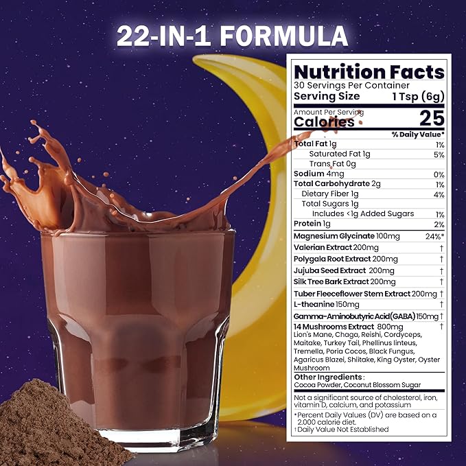 Mushroom Hot Cocoa Melatonin-Free Natural Herbal Sleep Powder with Jujube Seed Magnesium Glycinate GABA L-Theanine &amp 14 Mushroom Extracts | Calm Relaxation &amp Immune | hot chocolate 30 Se