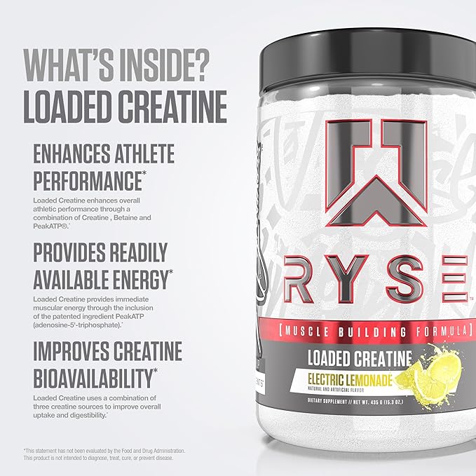 RYSE Loaded Creatine for Men &amp Women - Electric Lemonade - Muscle Building Formula with 3 Forms of Electrolytes Betaine Anhydrous and Peak ATP - Strength Power &amp Endurance Support - 30 Servi