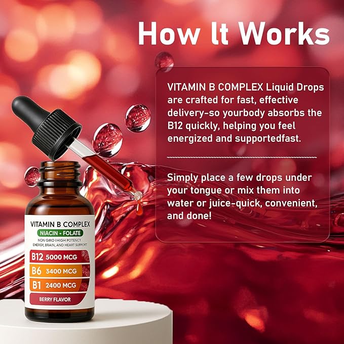 Vitamin B12 Complex with B1 B6 Vitamin B12 Raspberry Liquid Supplement Essential Vitamin 5-in-1 Vitamin B Complex Liquid Drops Brain Function Focus and Natural Energy Support (2PCS)