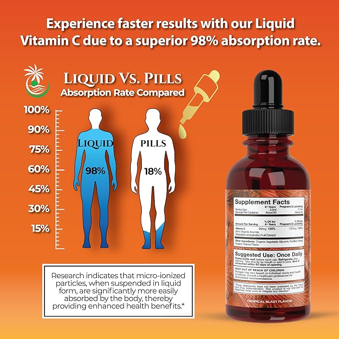 Tropical Oasis USDA Organic Liquid Vitamin C Drops for Adults &amp Kids | Supports Healthy Immune System | 98% Absorption Rate | Vegan | Non-GMO | Gluten Free | 60 Servings