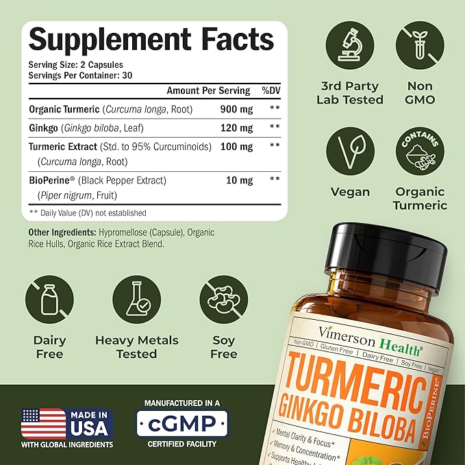 Ginkgo Biloba and Turmeric Curcumin Supplement with Black Pepper &amp Organic Tumeric – Natural Turmeric Supplement for Focus Memory Joint &amp Brain Health – 60 Vegan Ginko Biloba Capsules with C