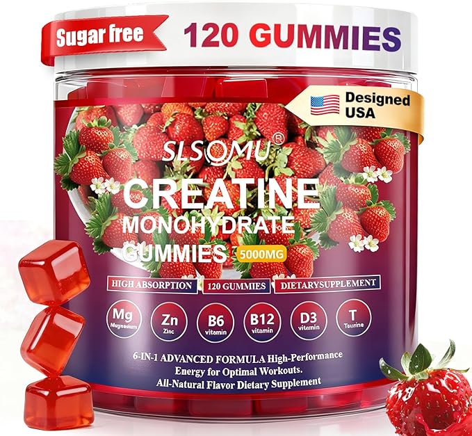 Creatine Monohydrate Gummies 5000mg for Women and Men - Pre-Workout Supplement with Magnesium Zinc &amp Taurine - Strawberry Flavor - Builds Muscle Strength - Boosts Energy Vegan - 120 Gummies