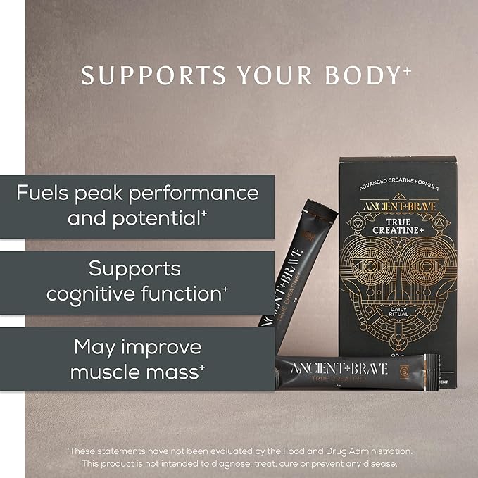 Ancient + Brave True Creatine+ Packets 15 x 6g Monohydrate Creatine Supplement with Taurine Magnesium and Vitamin D Supplement Womens Creatine Powder for Energy and Performance