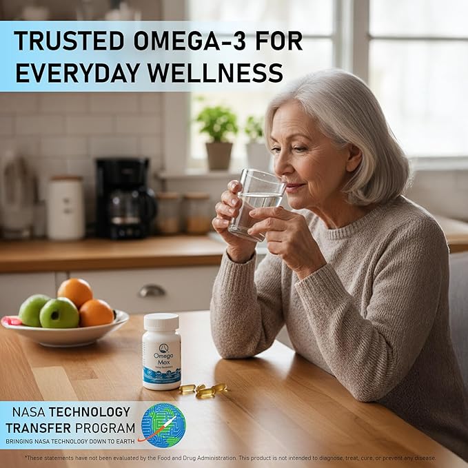 Omega Max No Burp Fish Oil Dietary Supplement - Omega 3 EPA DHA Supplement for Heart Brain and Vision - Premium Fish Oil Co-Developed by NASA 60 ct Enteric Softgels (2000mg/serving)