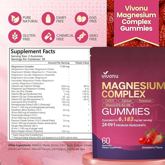 24-in-1 Magnesium Gummies 6183mg Magnesium Complex for Women and Men &amp Kids with Magnesiums Glycinate Citrate Malate Vitamin D3 K2 CoQ10 Zinc Potassium Sleep Heart Support Strawberry 3 Ba