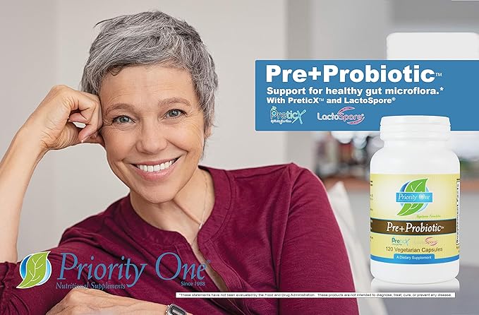 Priority One Vitamins Pre+Probiotic 120 Vegetarian Capsules - Support for Healthy Gut Microflora* Clinical Strength