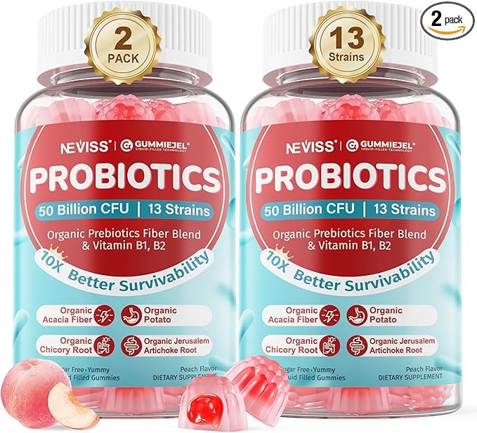 Probiotic + Prebiotic Gummies for Adults &amp Kids 4+ Sugar Free Chewable Probiotic 50Billion CFUs w/Fiber Vitamin B1 B2 D3 &amp Zinc for Digestive &amp Gut Health Boost Microflora Diversity V