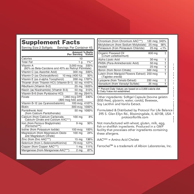 PROTOCOL FOR LIFE BALANCE Ortho Multi - Complete Vitamins &amp Minerals Complex* - Multivitamin with Lutein Lycopene &amp Flax Seed Oil - Egg Free &amp Keto Friendly - 90 Softgels
