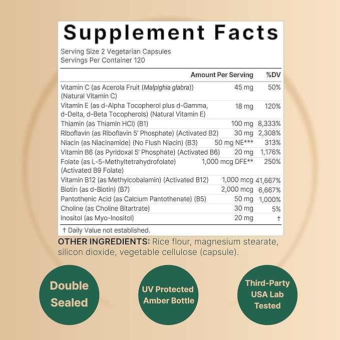 NatureBell Methylated B Complex Vitamins - 240 Vegetarian Capsules - High Bioavailability 12-in-1 Formula - for Immune Health &amp Energy Support* - Non-GMO &amp Gluten-Free