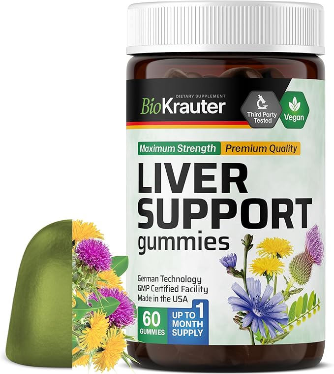 BIO KRAUTER® 9-in-1 Liver Detox with Vitamin C Milk Thistle Turmeric Dandelion Root Beet Root Chanca Piedra for Liver Support - Vegan Liver Supplement 60 Gummies 30 Days of Supply - Non-GMO