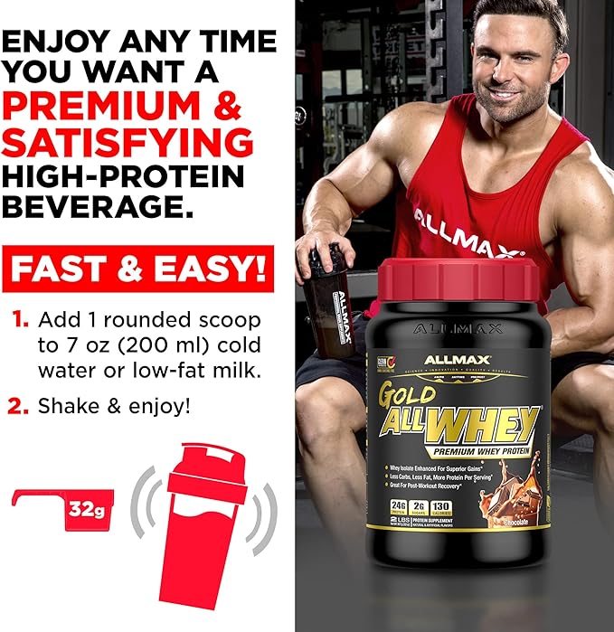 ALLMAX Gold ALLWHEY Chocolate - 2 lb - 24 Grams of Protein Per Scoop - Gluten Free Low Carb &amp Low Sugar - Approx. 30 Servings