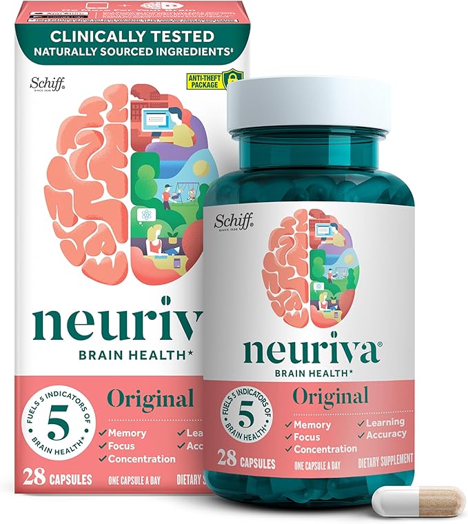 NEURIVA Original Decaffeinated Clinically Tested Nootropic Brain Supplement for Memory Focus &amp Concentration NeuroFactor &amp Phosphatidylserine 28ct Capsules