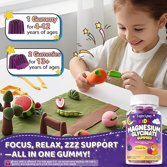 Magnesium Glycinate Gummies for Kids: Organic Chewable Supplement with Vitamins B12 B6 D3 Zinc L-Theanine Omega Calcium Citrate - Extra Strength Zzz Aid Focus Health Support for Kid(60Count)