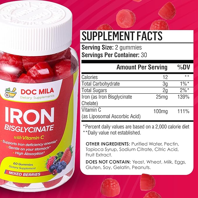 Iron Supplement for Kids and Adults - Iron Bisglycinate Gummies 25mg with Liposomal VIT C - Chelated Iron Supplement for Women and Men - 60 Gummies 1 Month Supply