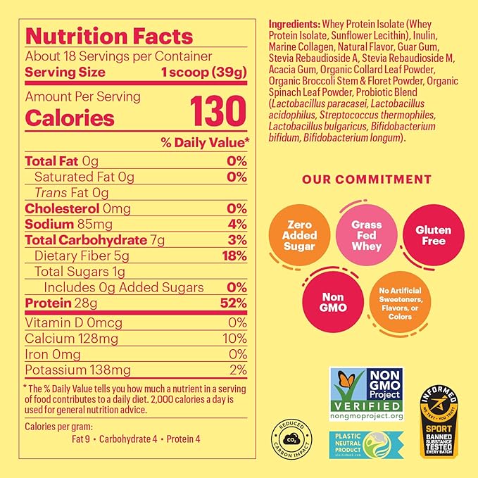 Natreve Whey Protein Powder - 28g Grass-Fed Whey Protein with Amino Acids Probiotics &amp Collagen - Gluten Free French Vanilla Wafer Sundae 18 Servings