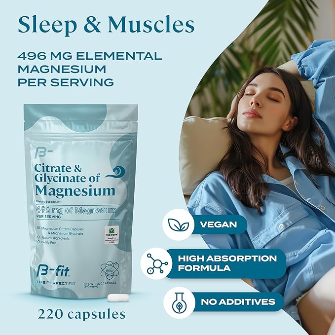 B-FIT B Glycinate &amp Citrate Magnesium + Vegan Protein - 496 mg Elemental Magnesium - High Absorption Formula - Pea Protein Powder 600g - Plant Based Protein Shake