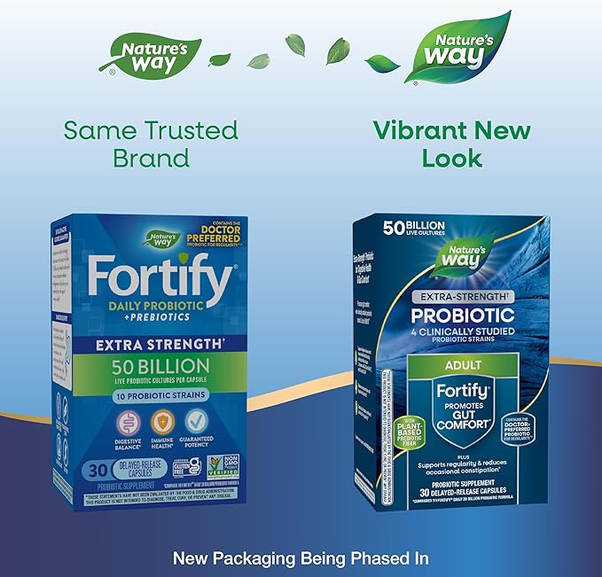 Nature's Way Extra Strength(1) Fortify ProbioticProbiotics for Digestive HealthPrebiotics50 Billion Live CulturesDigestive &amp Immune Health Support*30 Capsules(Pack of 2)