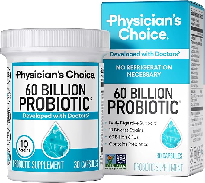 Physician's CHOICE Probiotics 60 Billion CFU - 10 Strains + Organic Prebiotics - Immune Digestive &amp Gut Health - Supports Occasional Constipation Diarrhea Gas &amp Bloating - for Women &amp M