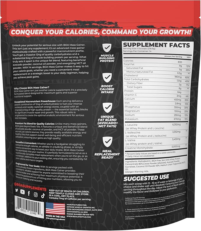 BOA Snakebite Mass Gainer Powder – 64g Protein 126g Carbs &amp 5g Creatine Per Serving – High Calorie Weight Gainer for Muscle Growth &amp Recovery – Chocolate Vanilla Cookie Butter (Chocolate)