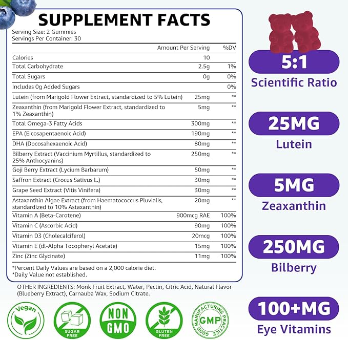 Sugar Free Lutein Gummies 25mg Lutein and Zeaxanthin Supplements for Eye Health13-in-1 Eye Care Formula with Omega-3 Bilberry Saffron-Vision Health Eye StrainDry EyesVegan Blueberry Flavor 120 Ct
