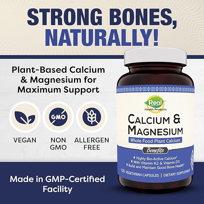 Plant Calcium &amp Magnesium Supplement with Boron Vitamin D3 &amp K2 MK-7 - Optimal Calcium-Magnesium Ratio for Bone Strength and Health Vegan Non-GMO Allergen-Free 120 Capsules