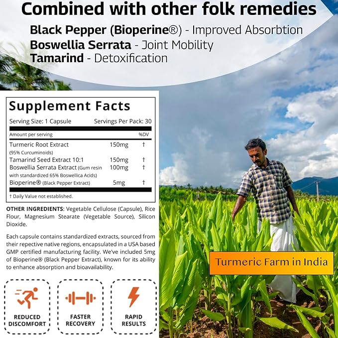 Indian Curcumin: Joint Recovery | Turmeric Tamarind Seeds Boswellia and Black Pepper Extracts | Biodegradable BPA-Free Bottle | 30 Capsules | MAHA | Dietary Supplement