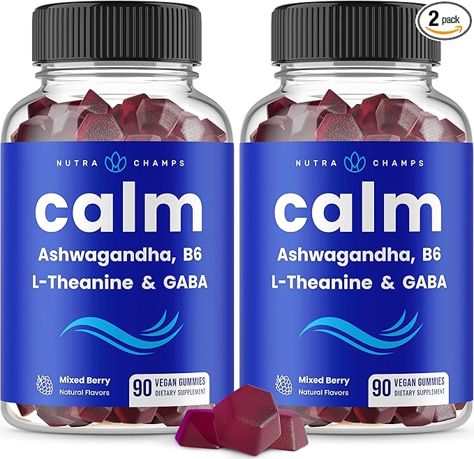 NutraChamps Calm Gummies Stress Gummies Supplement with Ashwagandha L-Theanine GABA Vitamin B6 &amp Lemon Balm 90 Gummies (Pack of 2)