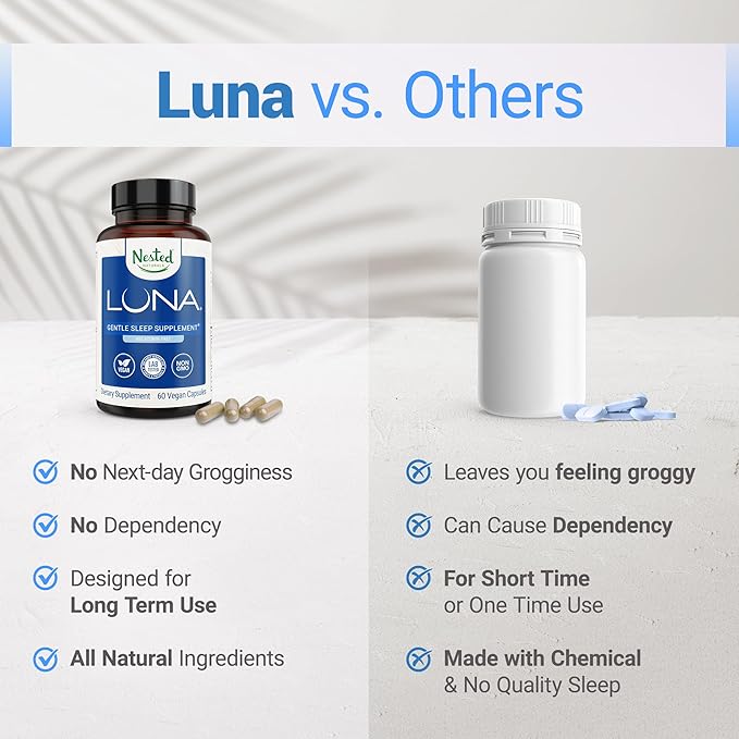 Nested Naturals Luna Melatonin-Free (120 Vegan Capsules) &amp Luna Natural Sleep Aid with Melatonin (60 Vegan Capsules) for Deep Sleep | Non-Habit Forming
