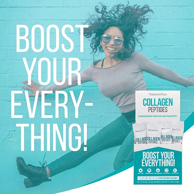 NaturesPlus Collagen Peptides - 20 Stick Packets - Hair Skin Nail &amp Joint Health Immune System Support - Non-GMO Gluten Free - 20 Servings