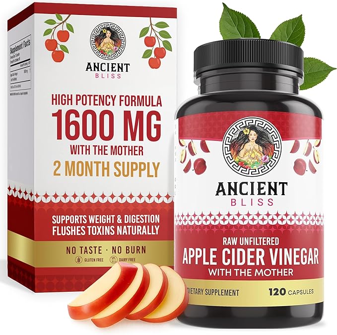 Ancient Bliss Apple Cider Vinegar Organic Capsules with The Mother Helps Improve Digestion Unfiltered Vinegar Capsules 1600MG (120 Capsules)