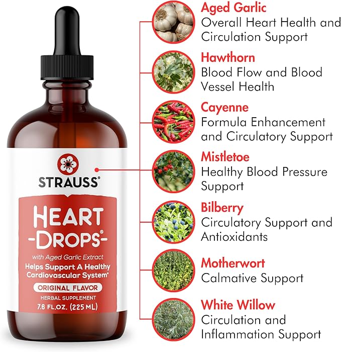 Strauss Naturals Heart Drops – Heart Health Supplements with Garlic Supplements &amp Premium Aged Garlic Extract to Help Maintain a Healthy Cardiovascular System - Vegan &amp Non-GMO – Original 225