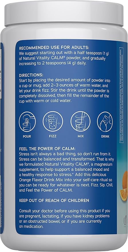 Natural Vitality Calm Magnesium Citrate Supplement Anti-Stress Drink Mix Powder Gluten Free Vegan &amp Non-GMO Orange 16 oz