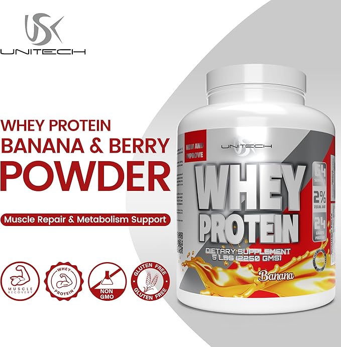 Unitech USK Whey Protein Banana Powder | Muscle Repair &amp Metabolism Support | Protein with Essential Amino Acids Enzymes &amp Minerals | Sports Supplement | Banana Flavor 80oz