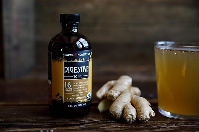 Herbal Revolution Digestive Tonic - Certified Organic Non-GMO Apple Cider Vinegar Infused with Honey Burdock Root Dandelion Lemon Balm &amp More Made Using Regenerative Farming Practices - 8 Fl O