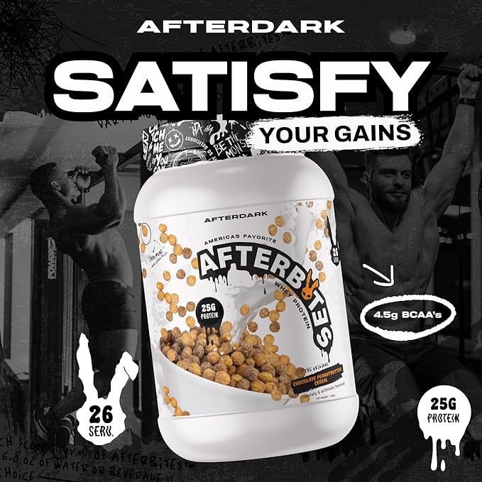 AFTERDARK AfterBites Whey Protein Powder 25g Protein 4.5g BCAA’s Easy Dissolving No Artificial Colors or Fillers Isolate Protein USA Made 26 Servings Chocolate Peanut Butter Cereal