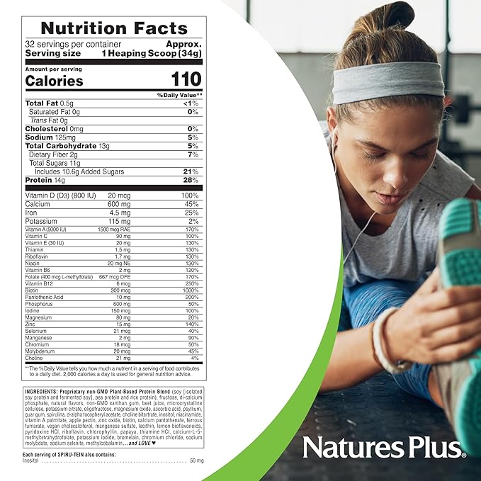 NaturesPlus SPIRU-TEIN Strawberry - 2.4 lb Pack of 2 - Plant-Based Protein Shake - Non-GMO Vegetarian Gluten Free - 64 Total Servings