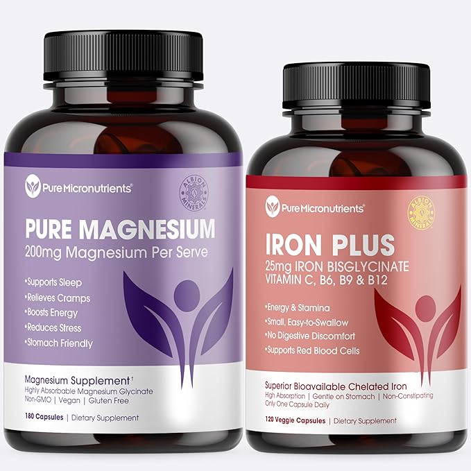 Mood Energy &amp Muscle Bundle - Pure Magnesium Glycinate &amp Iron Plus Supplement - Boost Energy Sleep Immunity &amp Muscle Support Pure Micronutrients