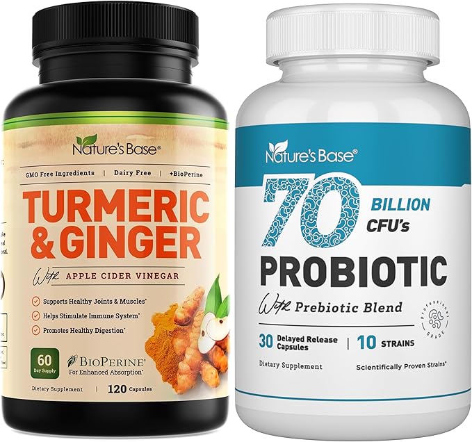 Nature's Base Turmeric &amp Ginger 120 ct + Probiotics 70 Billion CFU 30 ct