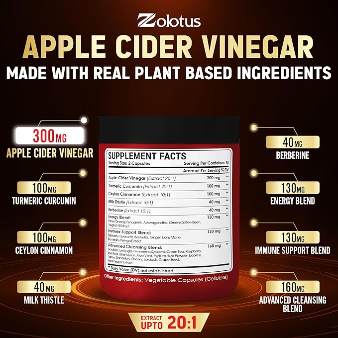 Zolotus 32in1 Apple Cider Vinegar Capsules with Turmeric Cinnamon Milk Thistle Elderberry Quercetin &amp More for Supports Digestion Immune - 180 Capsules
