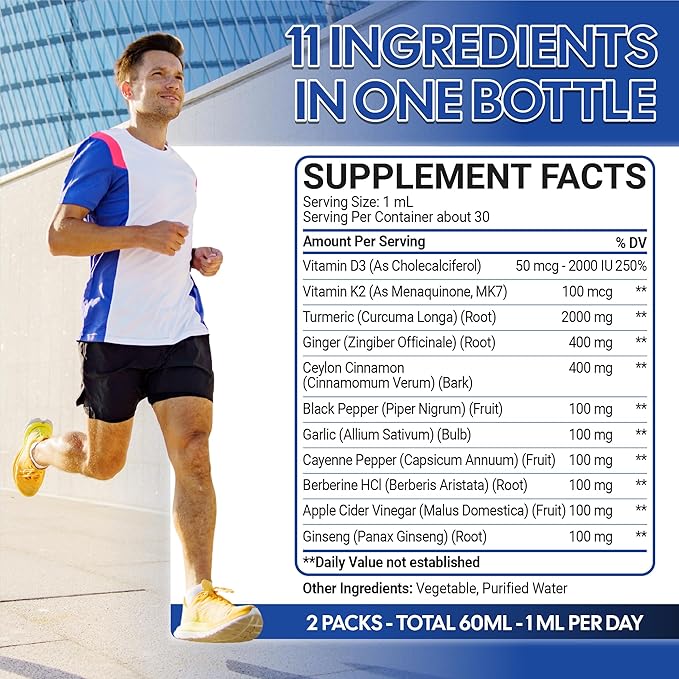 11in1 Turmeric Supplement – with Ginger Garlic Ceylon Cinnamon Berberine Ginseng Apple Cider Vinegar – 2 Pack (60ml Total) - 60 Days