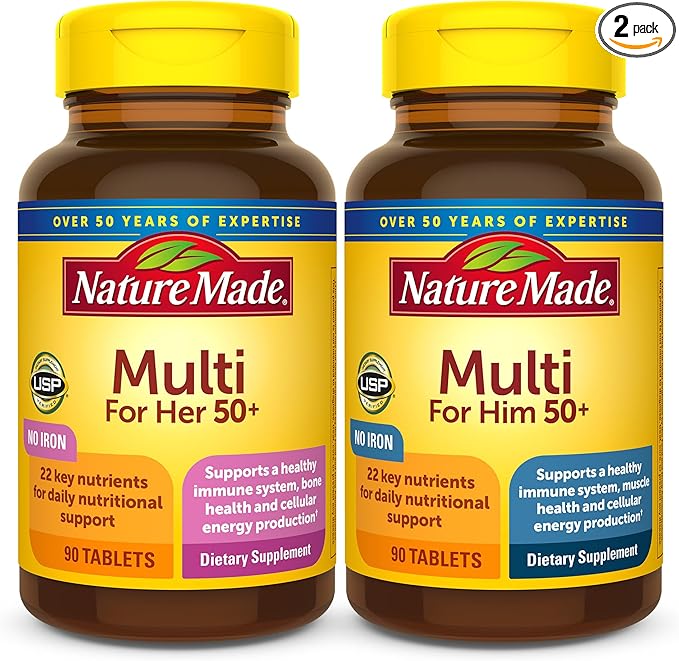 Nature Made Multivitamin 50+ His &amp Hers Combo Pack Mens and Womens Multivitamin with Vitamin C Vitamin D3 B Vitamins Zinc &amp More Two Multivitamin Bottles