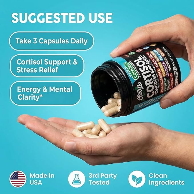 Clean Nutra Cortisol Supplements For Women | Maca Root Ashwagandha Cortisol Detox Manager Reducer + Slippery Elm Fenugreek Lions Mane Shilajit Rhodiola Sea Moss Tongkat Ali Cordyceps Ginseng Beet Root