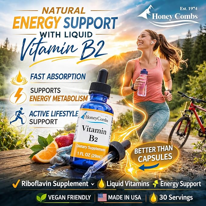 HoneyCombs Riboflavin Vitamin B2 Liquid Drops 500 Percent DV b2 Made in USA Alcohol Free B2 Vitamins Supplement Fast Absorbing Riboflavin Alternative to Capsules for Adult Daily Use