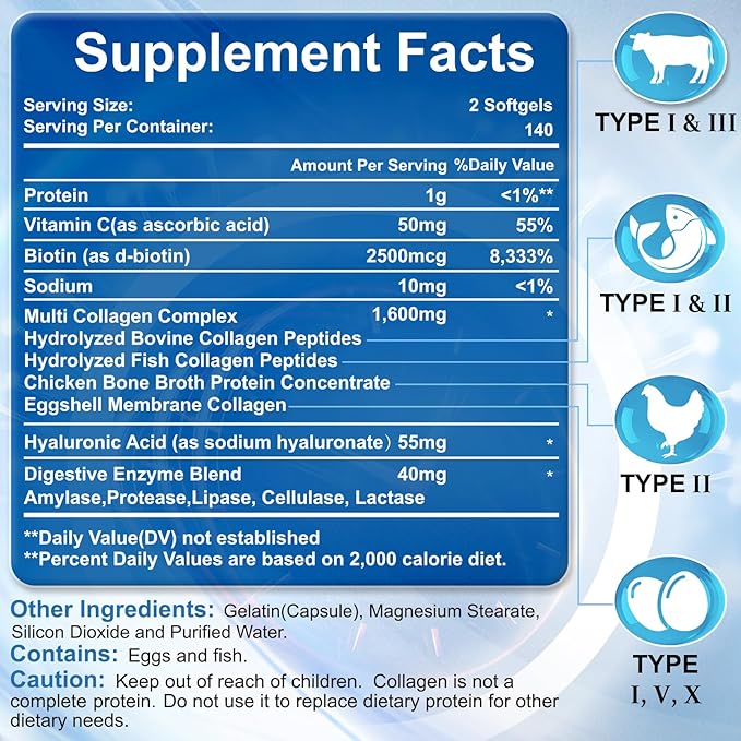 Multi Collagen Peptides for Women &amp Men Hydrolyzed Collagen Peptides-Type I II III V X - with Hyaluronic AcidVitamin CBiotinSupports Skin Hair Nail Non-GMO840 Softgels
