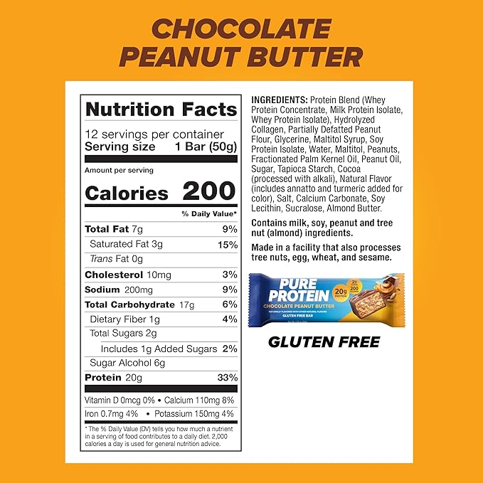 Muscle Milk Zero Protein Shake Chocolate 20g Protein Zero Sugar 100 Calorie 12 Pack and Pure Protein Chocolate Peanut Butter Bars 20g Protein Gluten Free 1.76oz 12 Count