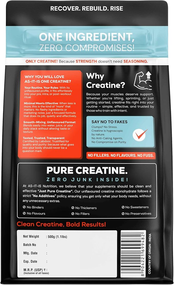 AS-IT-IS Nutrition Creatine Monohydrate 500gms/17.6 Oz | USA Labdoor Certified for Accuracy &amp Purity No Preservatives Gluten-free Vegan Friendly Post-workout Supplement
