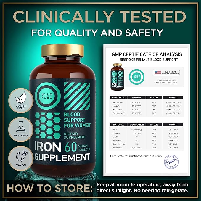 Vegan Iron Supplement for Women with Folic Acid - 35 mg Blood Builder Ferrous Sulfate Folic Acid 400 mcg - Iron Pills for Women with Anemia &amp Pregnancy Support - 180 Gluten-Free Tablets - 3Pack