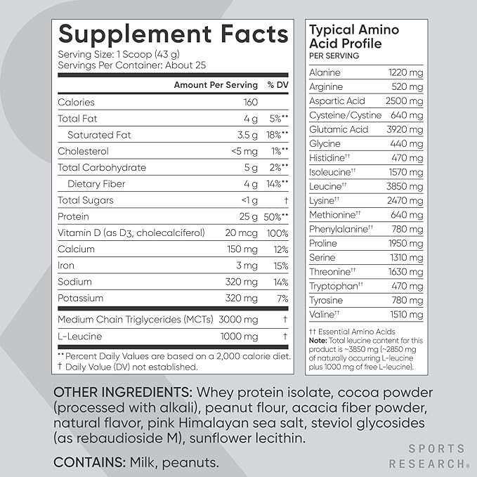 Sports Research® 100% Whey Protein Isolate Chocolate Peanut Butter - U.S. Sourced Protein Powder w/BCAAs -No Artificial Flavors or Gums- Informed Sport Tested · Gluten Free- 2lb Bulk Bag 25 Servings