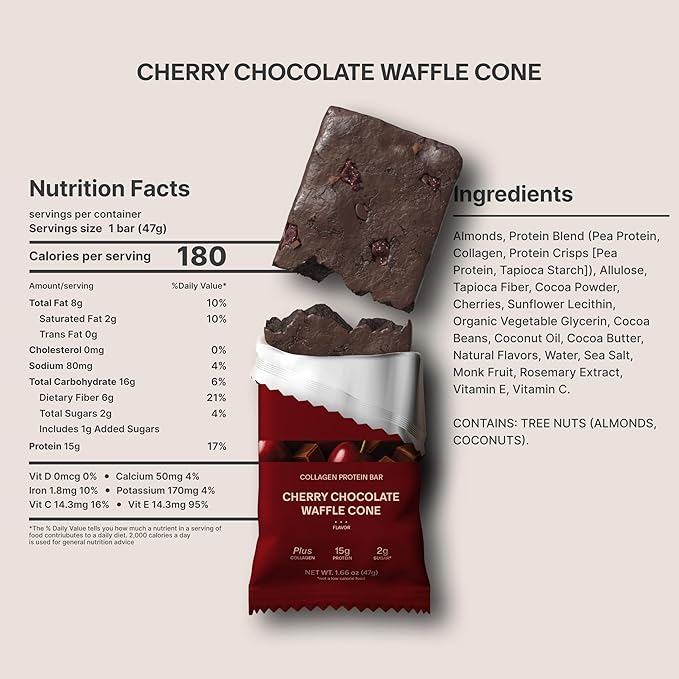 Stars + Honey Protein Bars Cherry Chocolate Waffle Cone 15g Protein 2g Sugar with Collagen Peptides Dairy Free Soy &amp Gluten Free Snacks Keto Friendly No Seed Oils or Sugar Alcohols 10 Pac