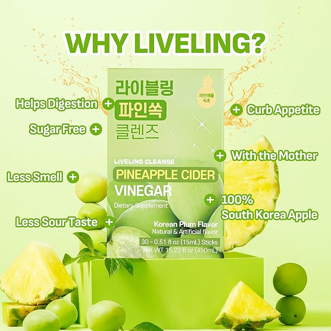 [Liveling] Pineapple Cider Vinegar Drink Stick &amp 3-in-1 Shot with ACV – Korean-Plum Flavor | Supports Digestion Daily Cleanse Sugar-Free Low-Calorie Portable On-The-Go Packets (30 sticks)